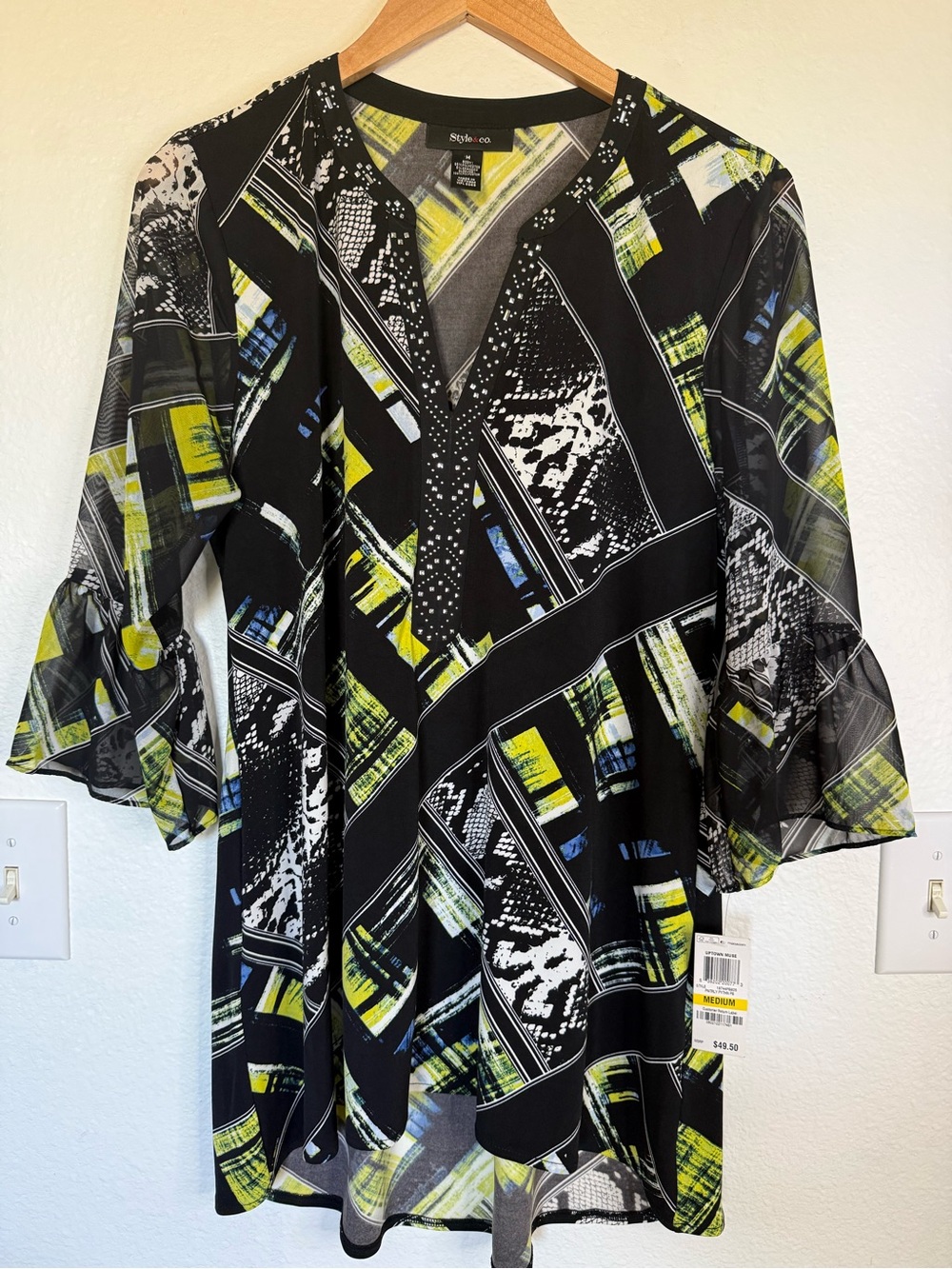 NWT Style&Co “UpTown Muse” Geometric Print Tunic Black/Yellow Women’s Size Med